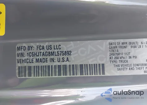 2021 Jeep Gladiator Freedom 4X4 z USA, uszkodzony, nr VIN 1C6HJTAG8ML575892